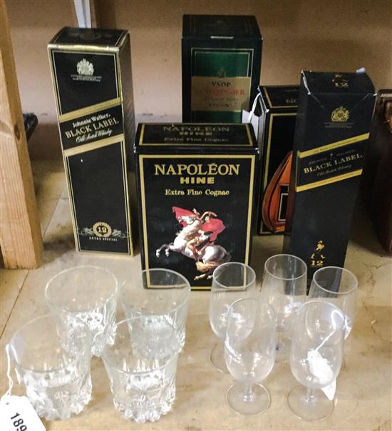 Napoleon Hine EF Cognac (2 + 5 glasses), Signature, Johnnie Walker Black Label (2 + 4 tumblers) & Courvoisier (6, boxed, 70cl & 1lt)